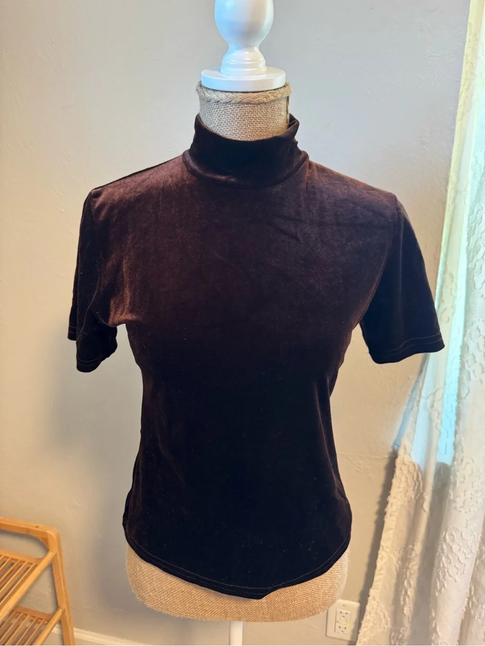 Vintage 90’s Velvet Short-Sleeve Turtleneck Top - Dark Brown